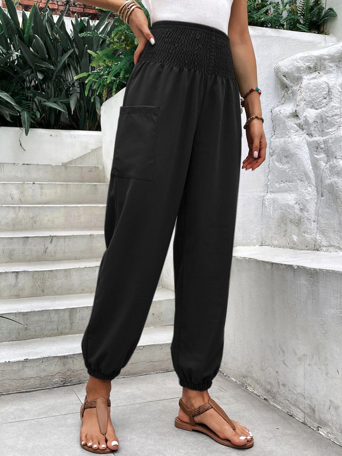 Smocked High Rise Joggers with Pockets - Trendy by Luna