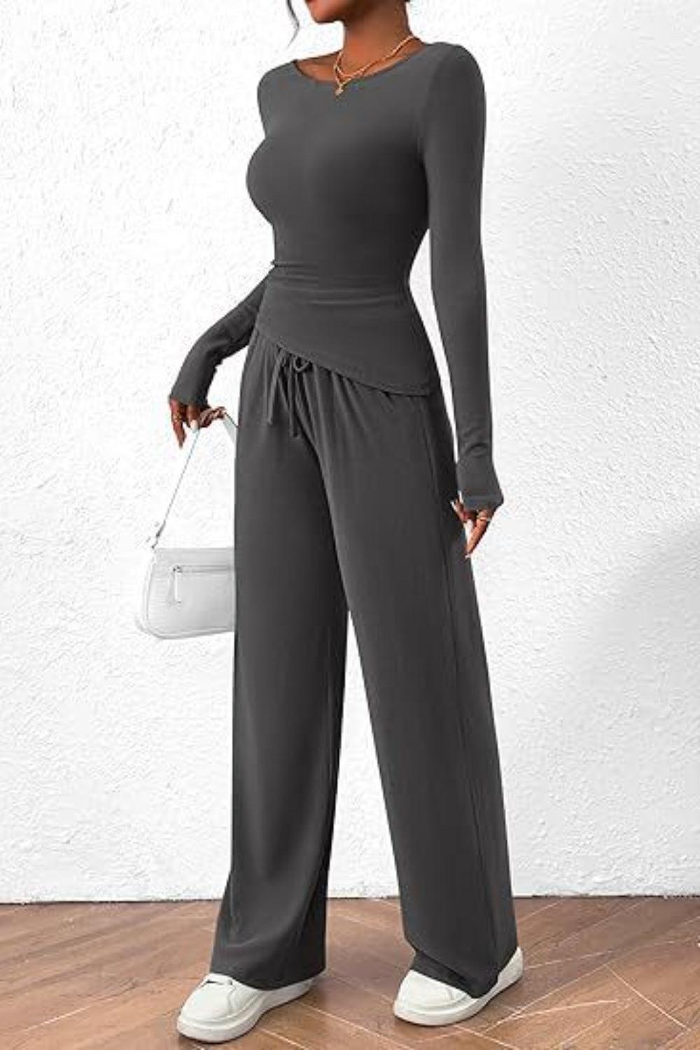 Round Neck Long Sleeve Top and Pants Set - Trendy by Luna