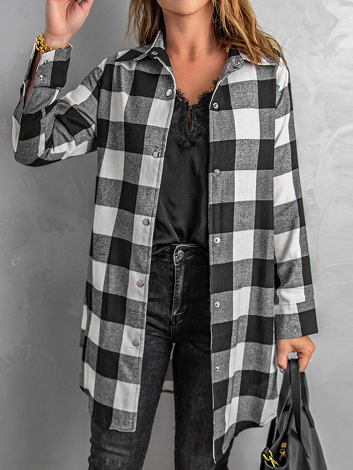 Plaid Snap Down Long Sleeve Jacket - Trendy by Luna