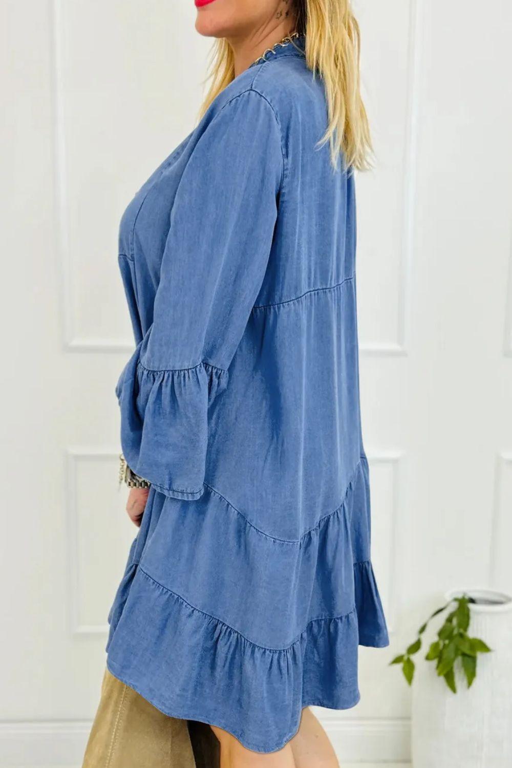 Notched Flare Sleeve Denim Dress - Trendy by Luna