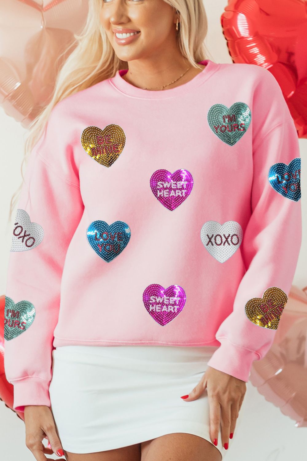 Valentine’s Day Sequin Heart Round Neck Long Sleeve Sweatshirt - Trendy by Luna