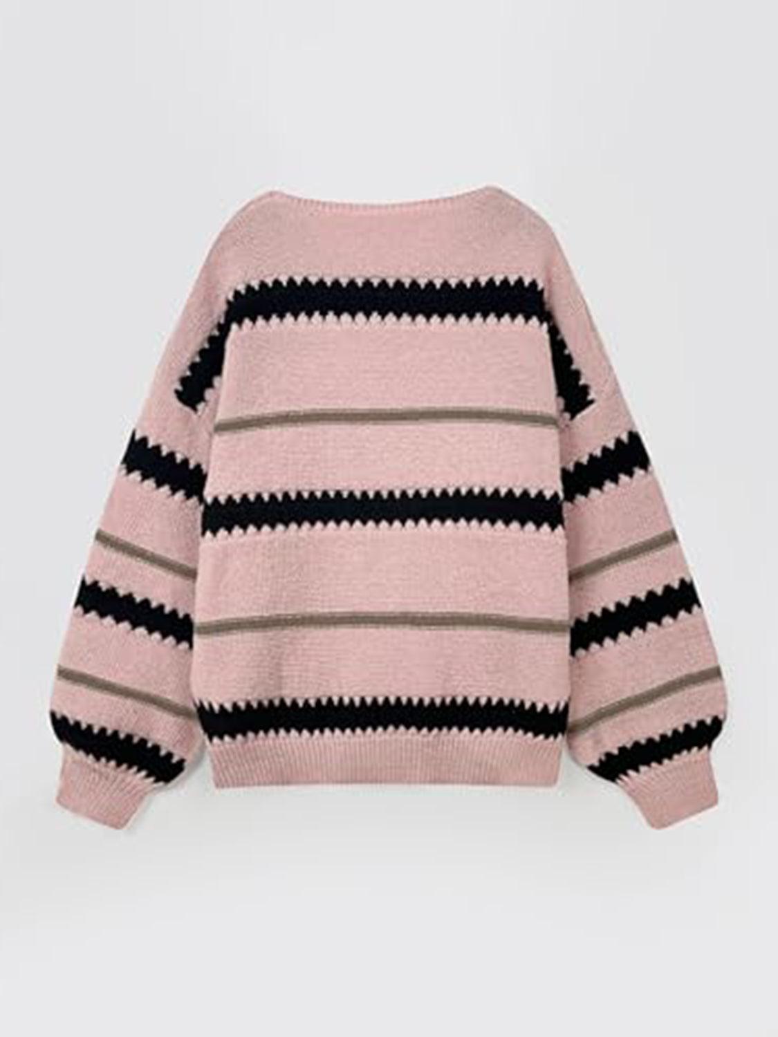 Contrast Striped Round Neck Long Sleeve Sweater - Trendy by Luna