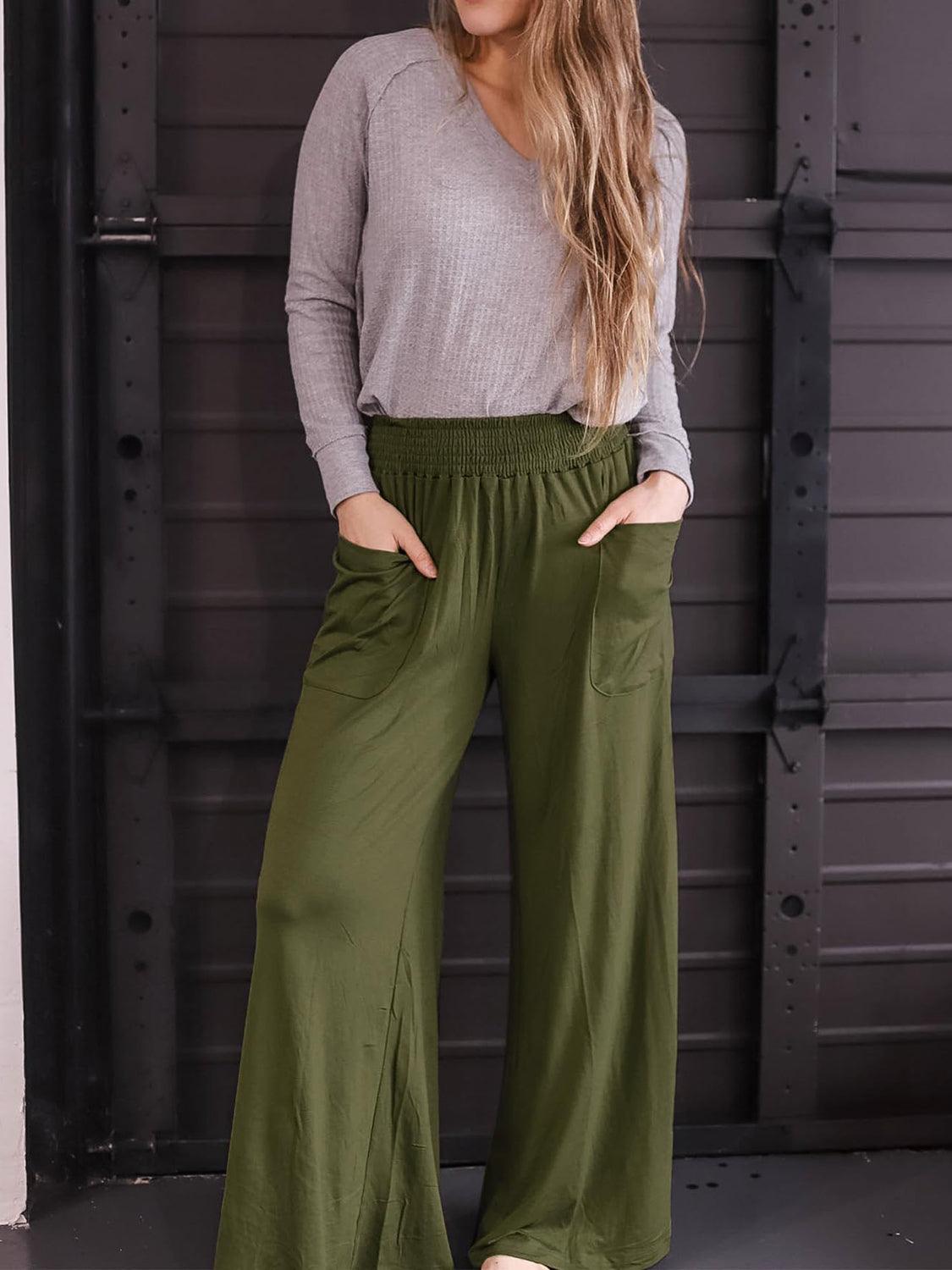 Pocketed Elastic Waist Wide Leg Pants - Trendy by Luna