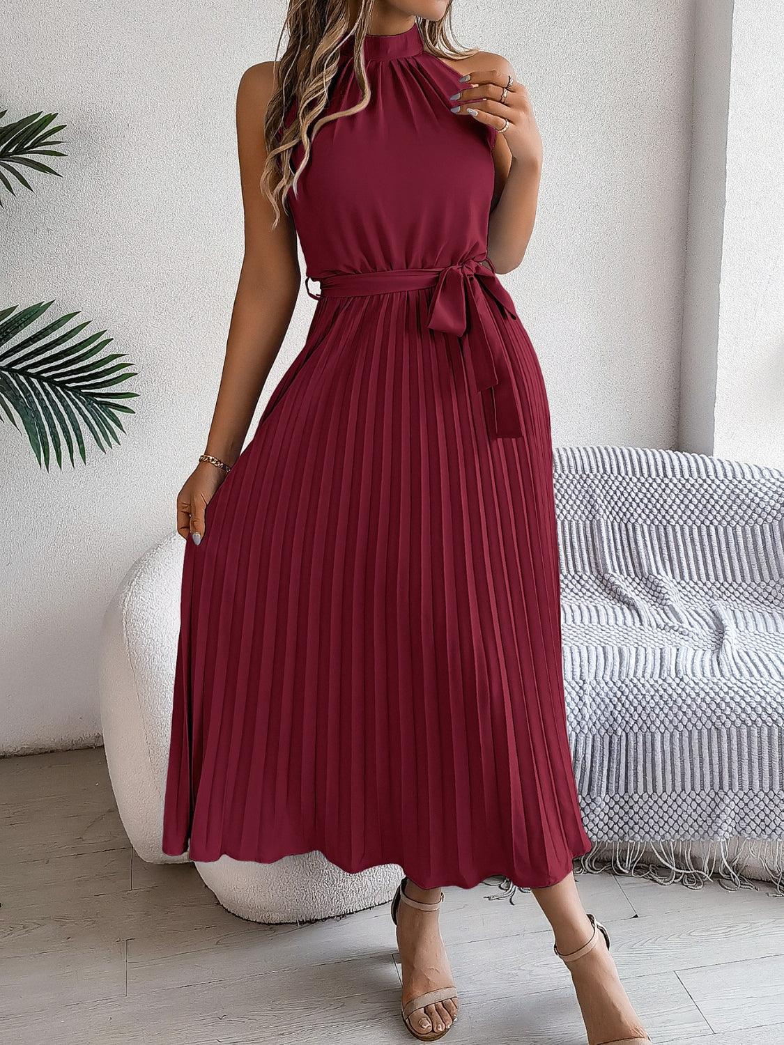 Pleated Tie Waist Sleeveless Midi Dress - Trendy by Luna