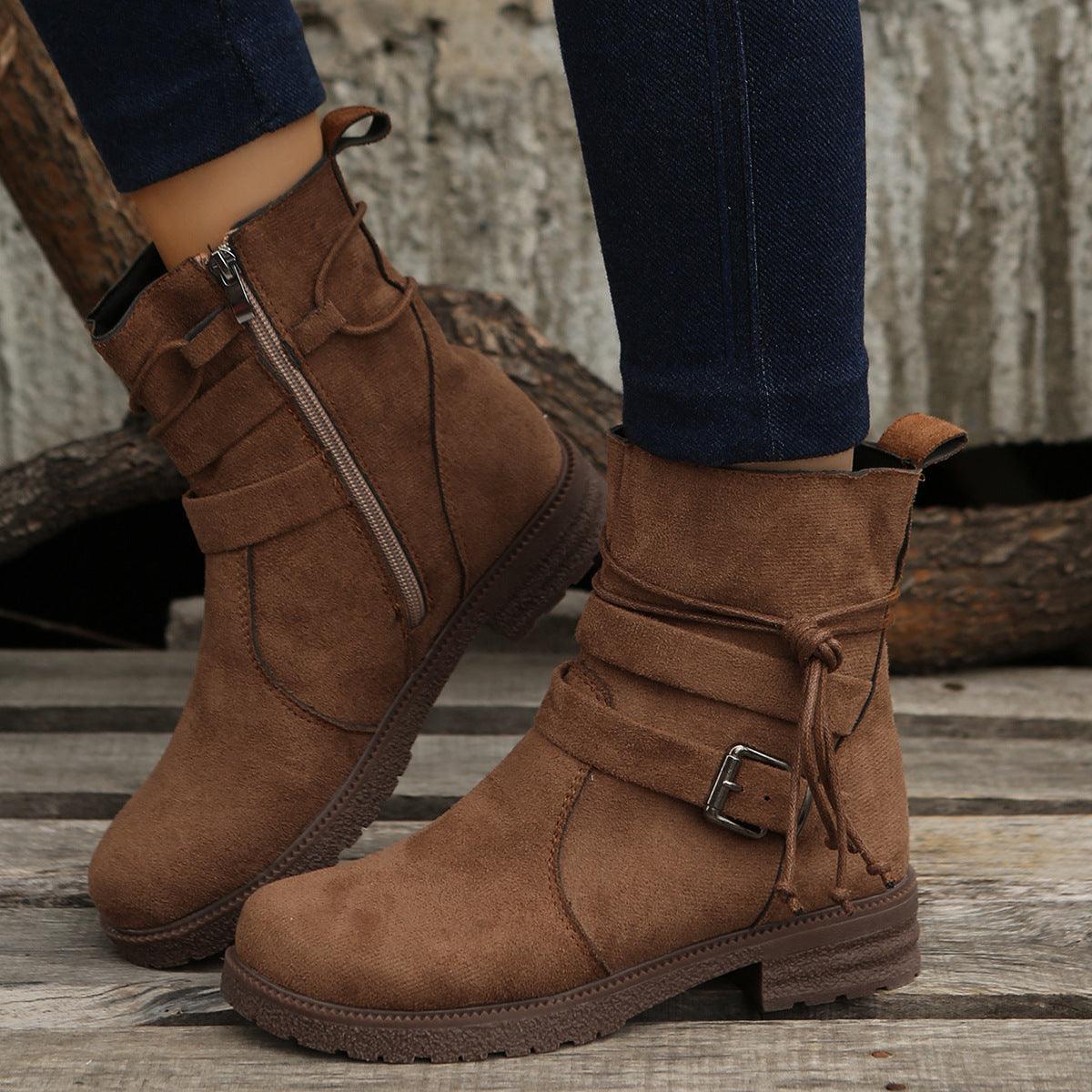 Suede Side Zip Round Toe Boots - Trendy by Luna