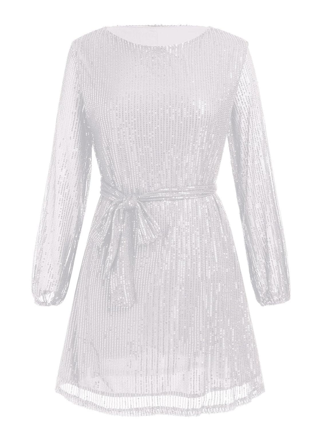 Sequin Tie Waist Long Sleeve Mini Dress - Trendy by Luna