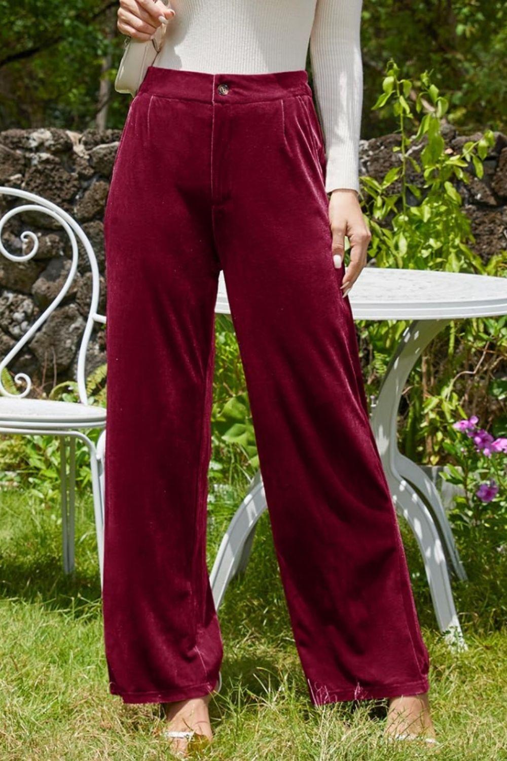 Velvet Wide Leg Pants with Pockets - Trendy by Luna