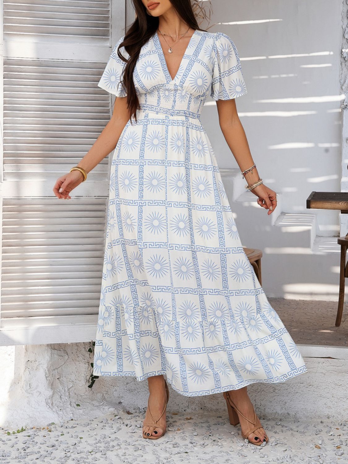 Smocked Printed V-Neck Short Sleeve Maxi Dress - Trendy by Luna