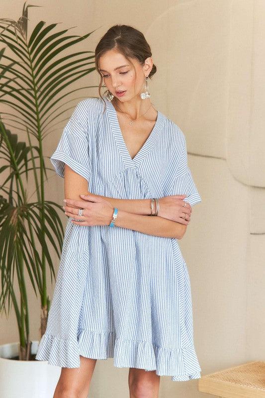 ADORA Ruffled Hem Striped V-Neck Babydoll Dress - Trendy by Luna