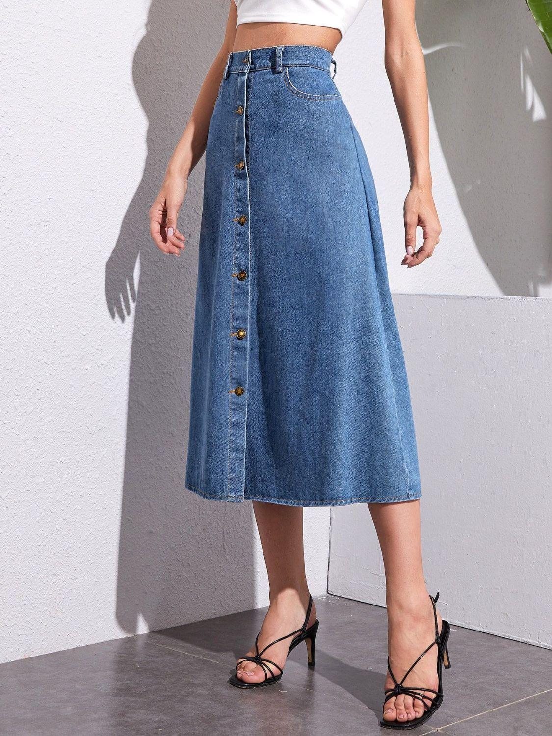 Buttoned Midi Denim Skirt with Pockets - Trendy by Luna