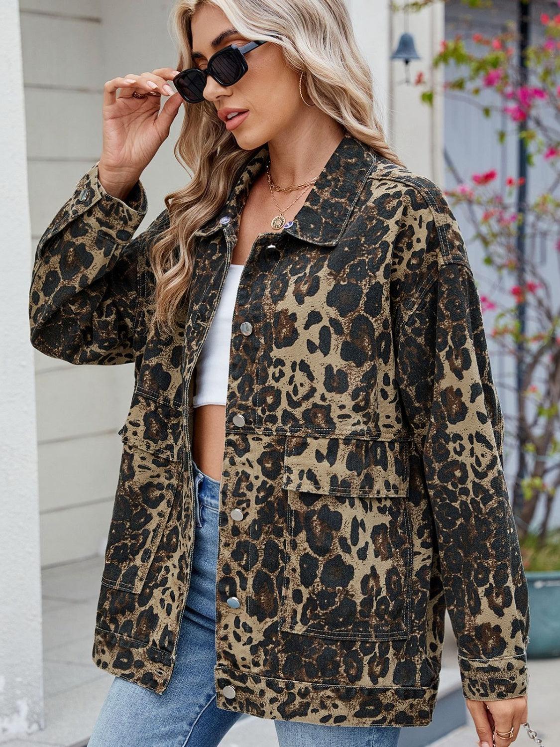 Leopard Button Up Drop Shoulder Denim Jacket - Trendy by Luna