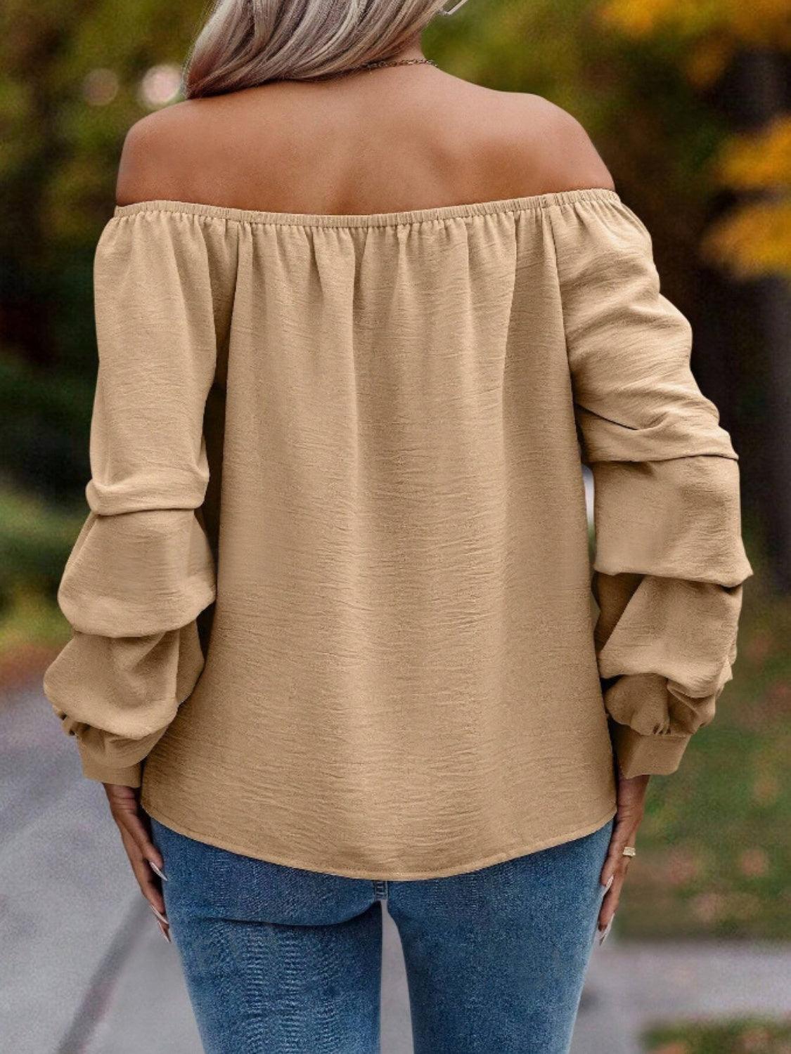 Ruched Off-Shoulder Long Sleeve Blouse - Trendy by Luna