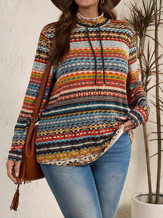 Plus Size Drawstring Printed Mock Neck Long Sleeve Top - Trendy by Luna