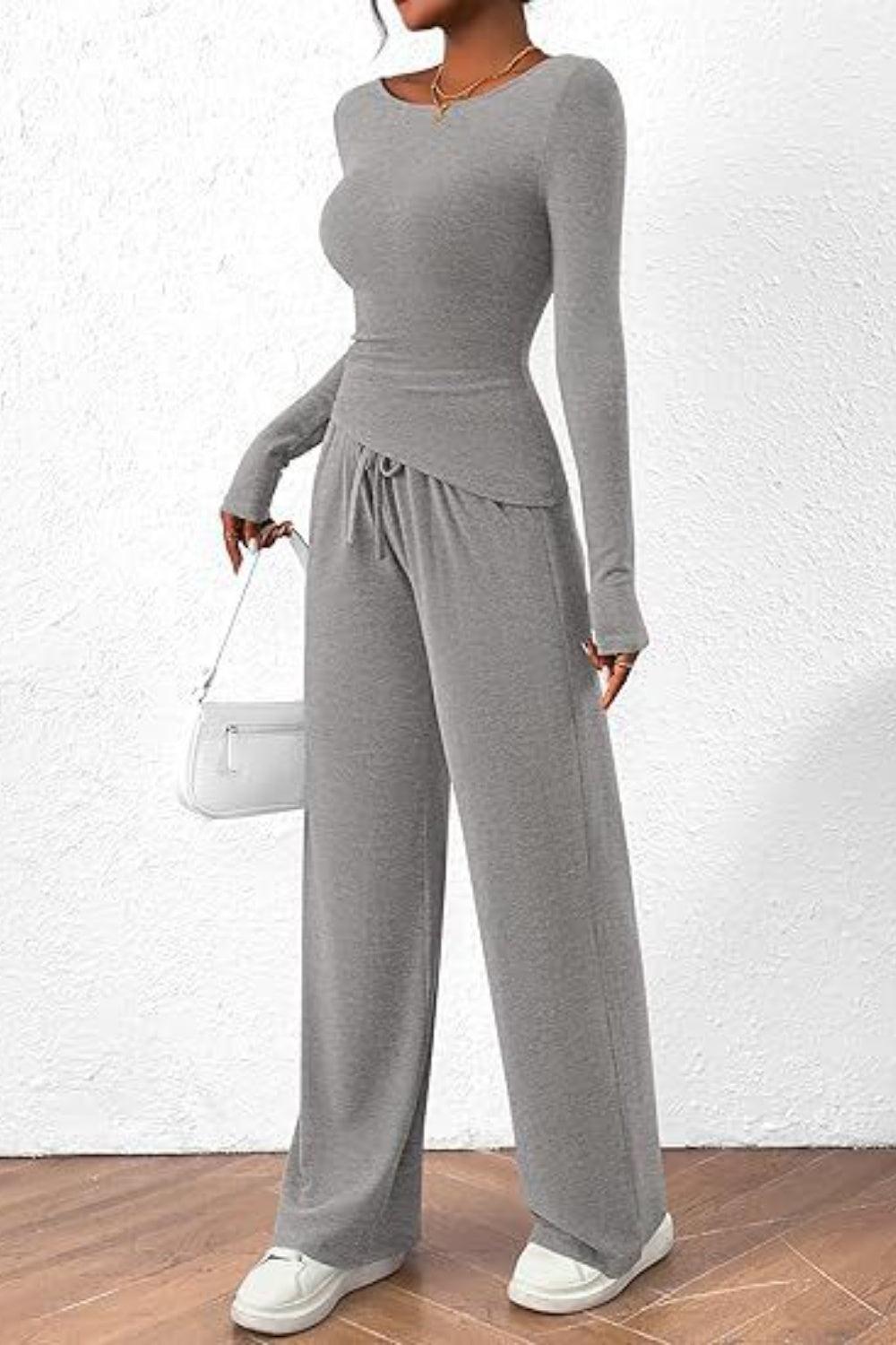 Round Neck Long Sleeve Top and Pants Set - Trendy by Luna