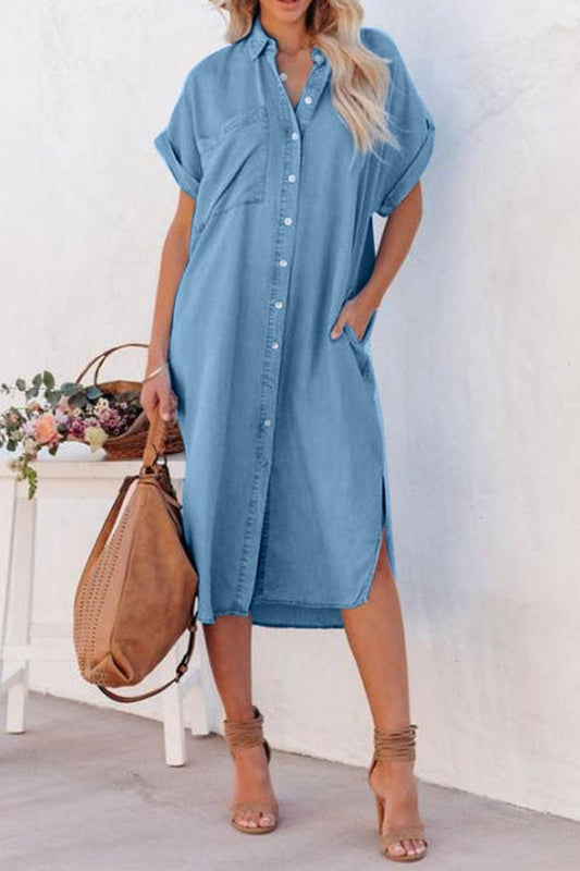 Slit Button Up Short Sleeve Imitation Denim Dress - Trendy by Luna