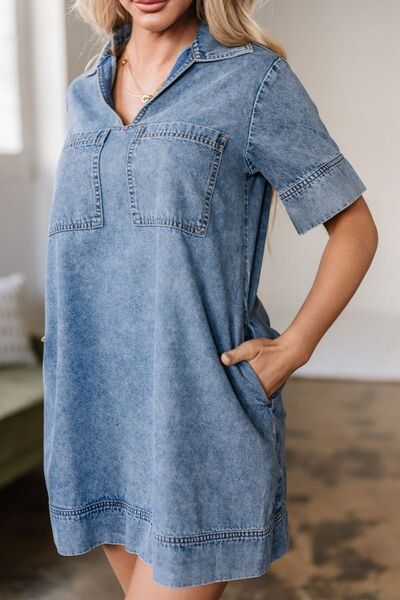 Short Sleeve Collared Patched Pocket Denim Mini Dress - Trendy by Luna