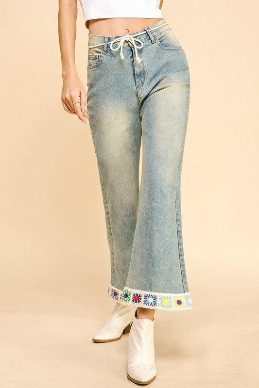 Crochet Trim Flare Jeans with Pockets - Trendy by Luna