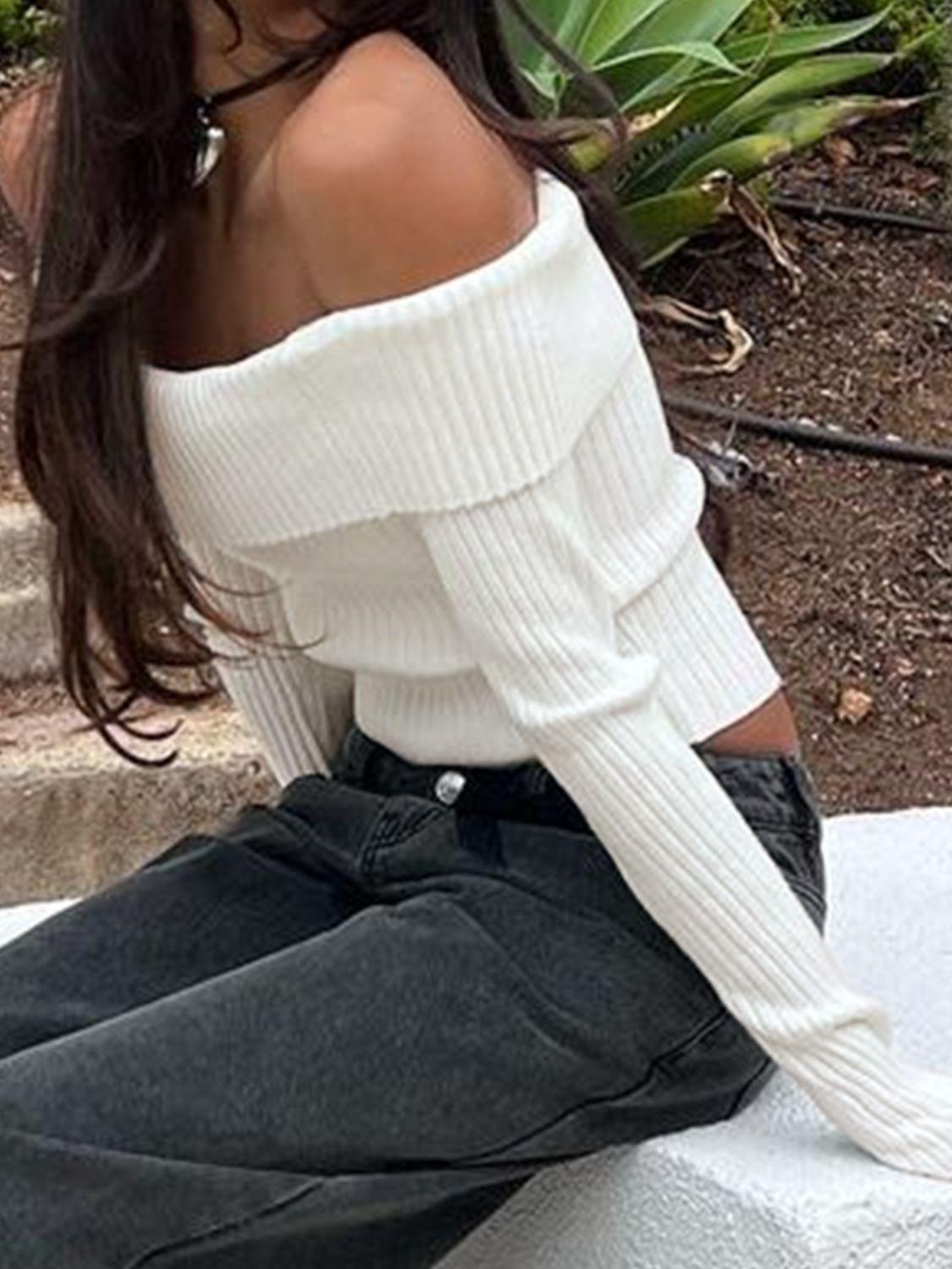 Perfee Off Shoulder Long Sleeve Sweater - Trendy by Luna