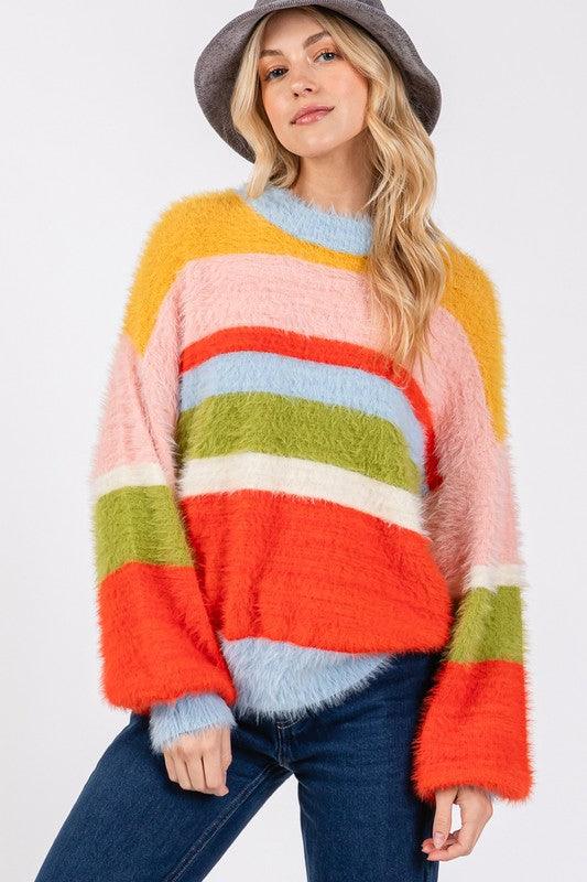 Color Block Round Neck Dropped Shoulder Sweater - Trendy by Luna