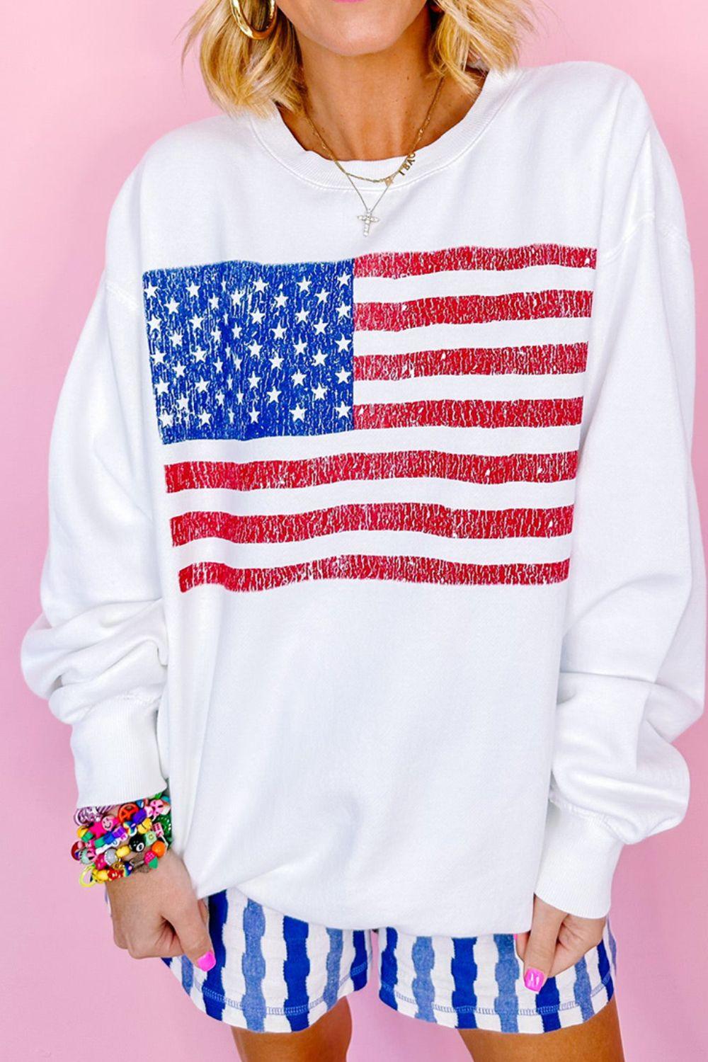 US Flag Round Neck Long Sleeve Sweatshirt - Trendy by Luna