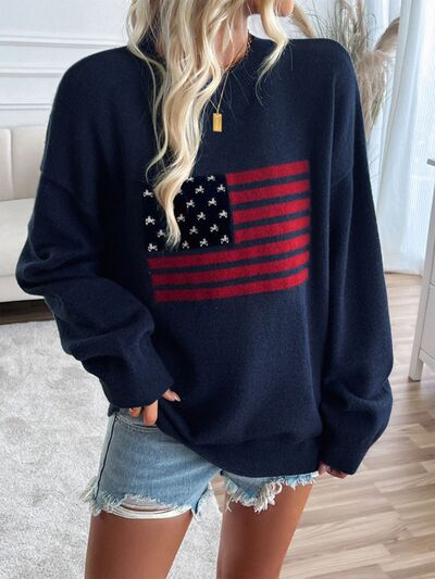 Devine US Flag Round Neck Long Sleeve Knit Top - Trendy by Luna