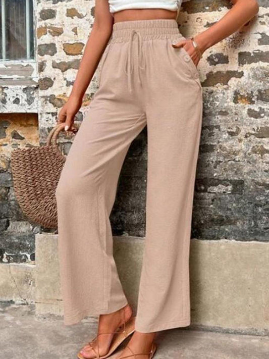 Tied High Waist Wide Leg Pants with Pockets - Trendy by Luna