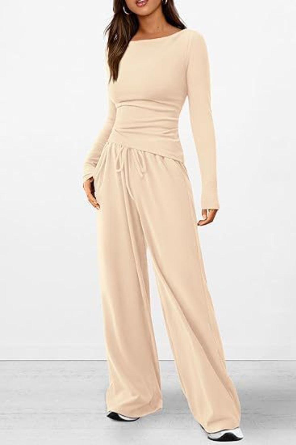 Round Neck Long Sleeve Top and Pants Set - Trendy by Luna