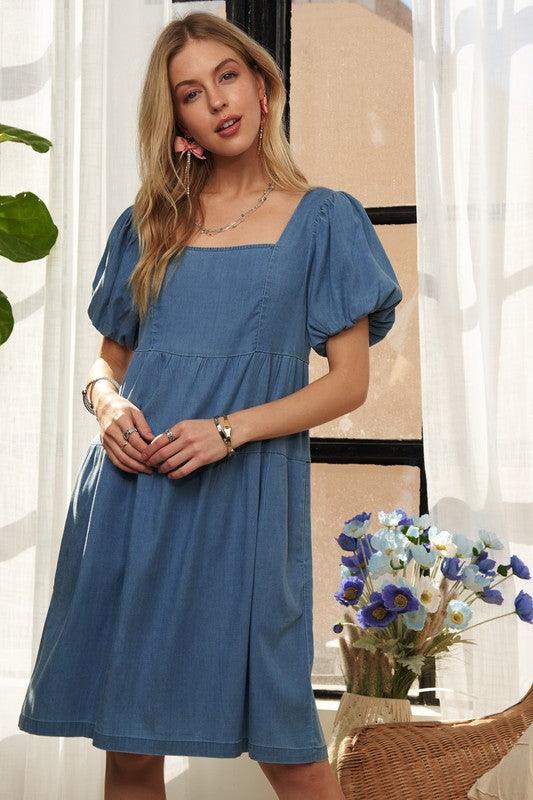 Square Neck Puff Sleeve Denim Dress - Trendy by Luna