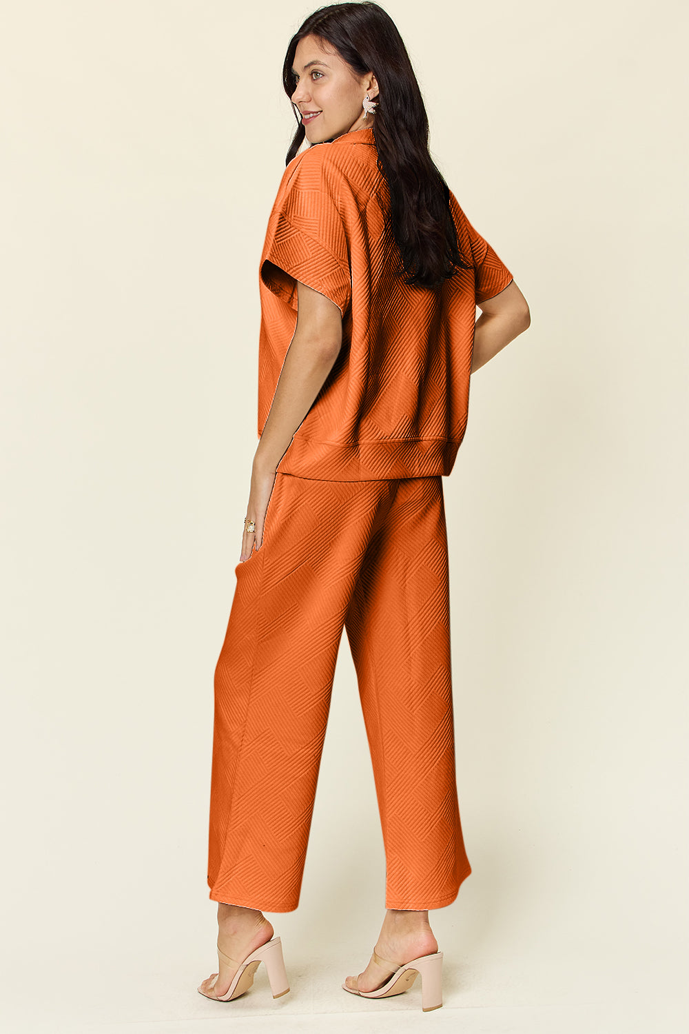 Full Size Texture Half Zip Short Sleeve Top and Pants Set