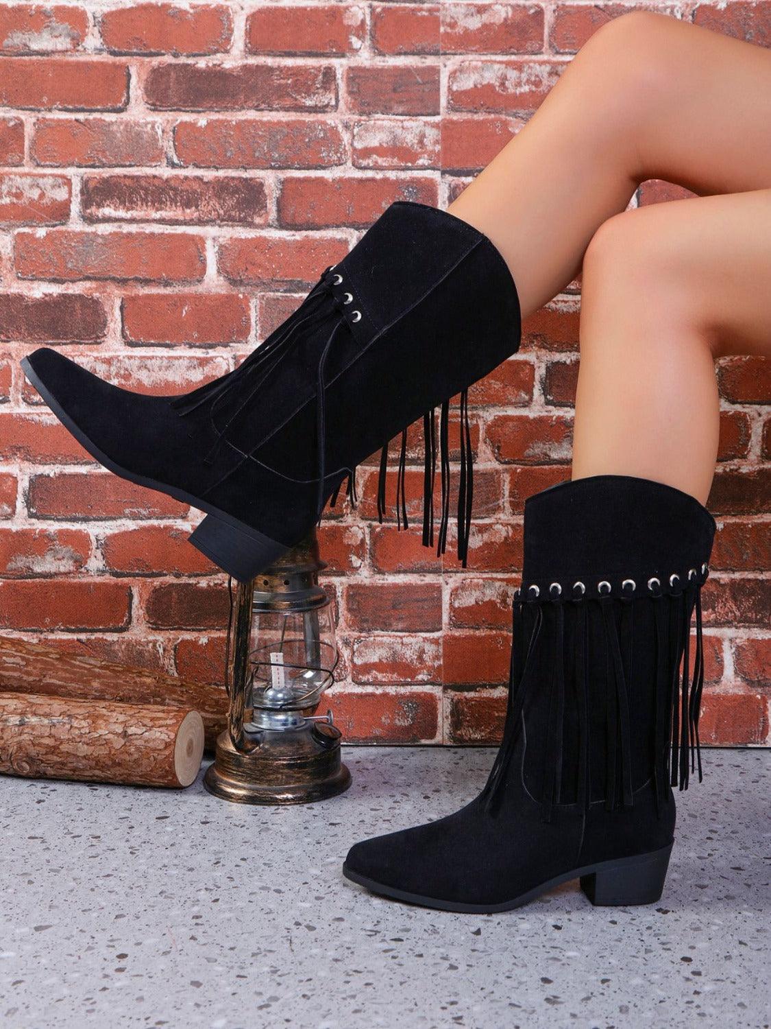 Fringe Suede Point Toe Block Heel Boots - Trendy by Luna