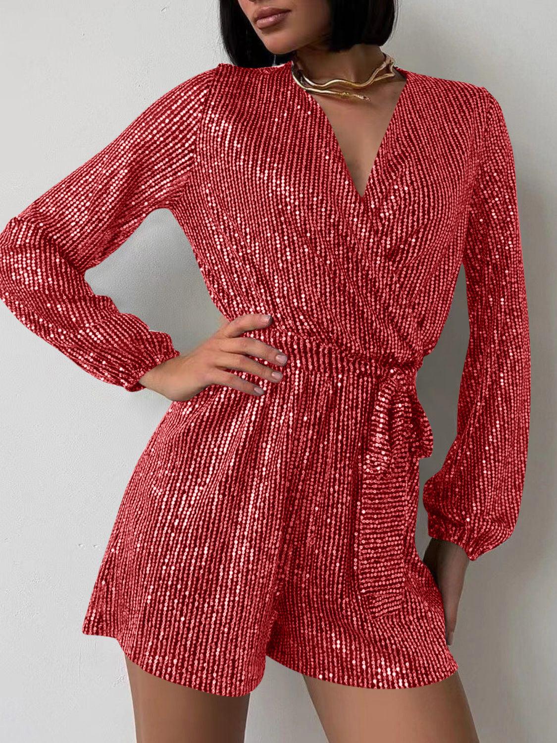 Full Size Sequin Surplice Tie Waist Long Sleeve Romper - Trendy by Luna