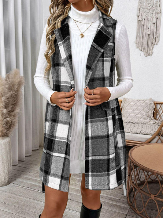 Perfee Tied Plaid Vest Coat - Trendy by Luna