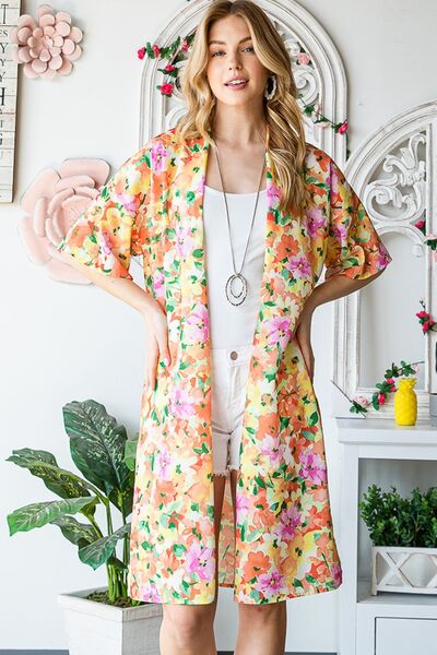 Full Size Half Sleeve Multi Color Floral Open Cardigan - Trendy by Luna