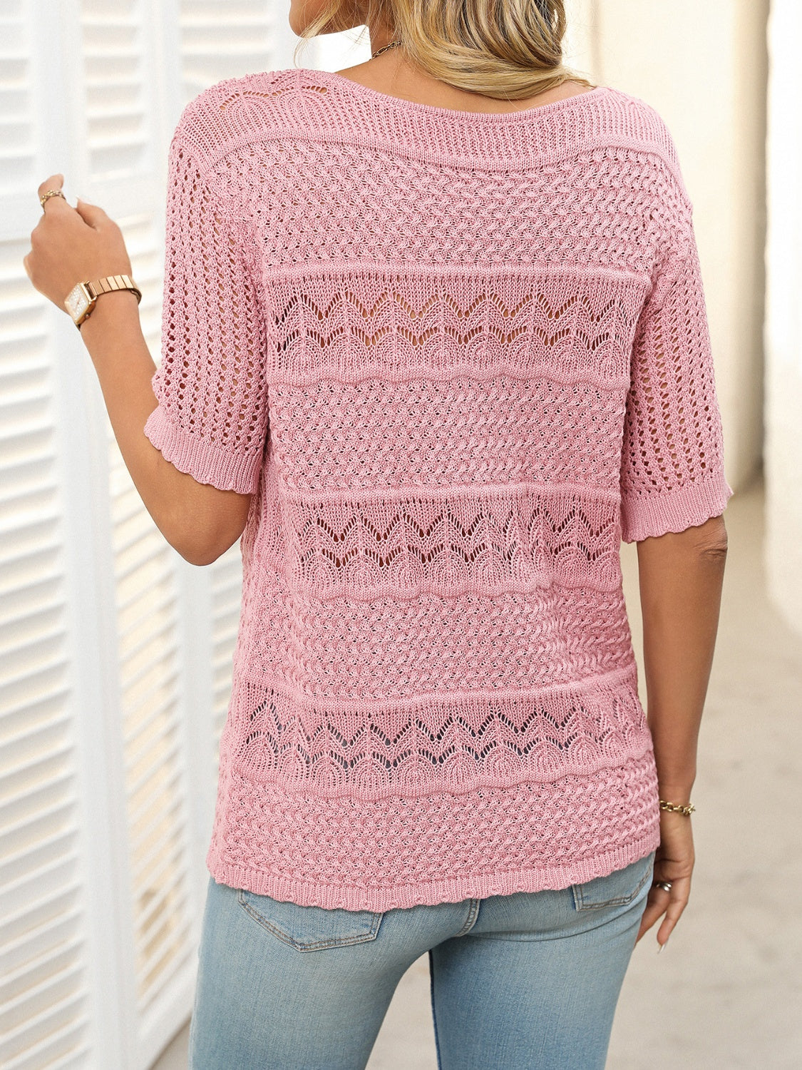 Openwork Round Neck Half Sleeve Knit Top