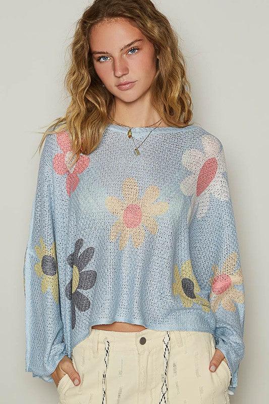 Flower Dropped Shoulder Long Sleeve Knit Top - Trendy by Luna