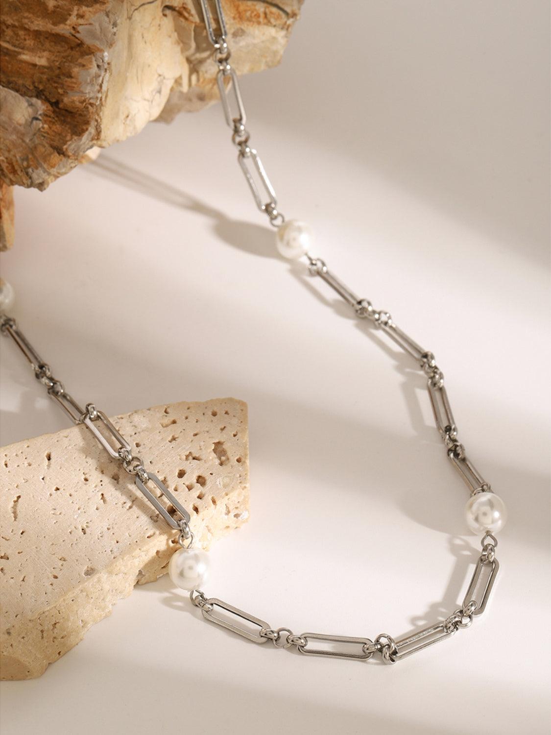 Stainless Steel Pearl Chain Necklace - Trendy by Luna