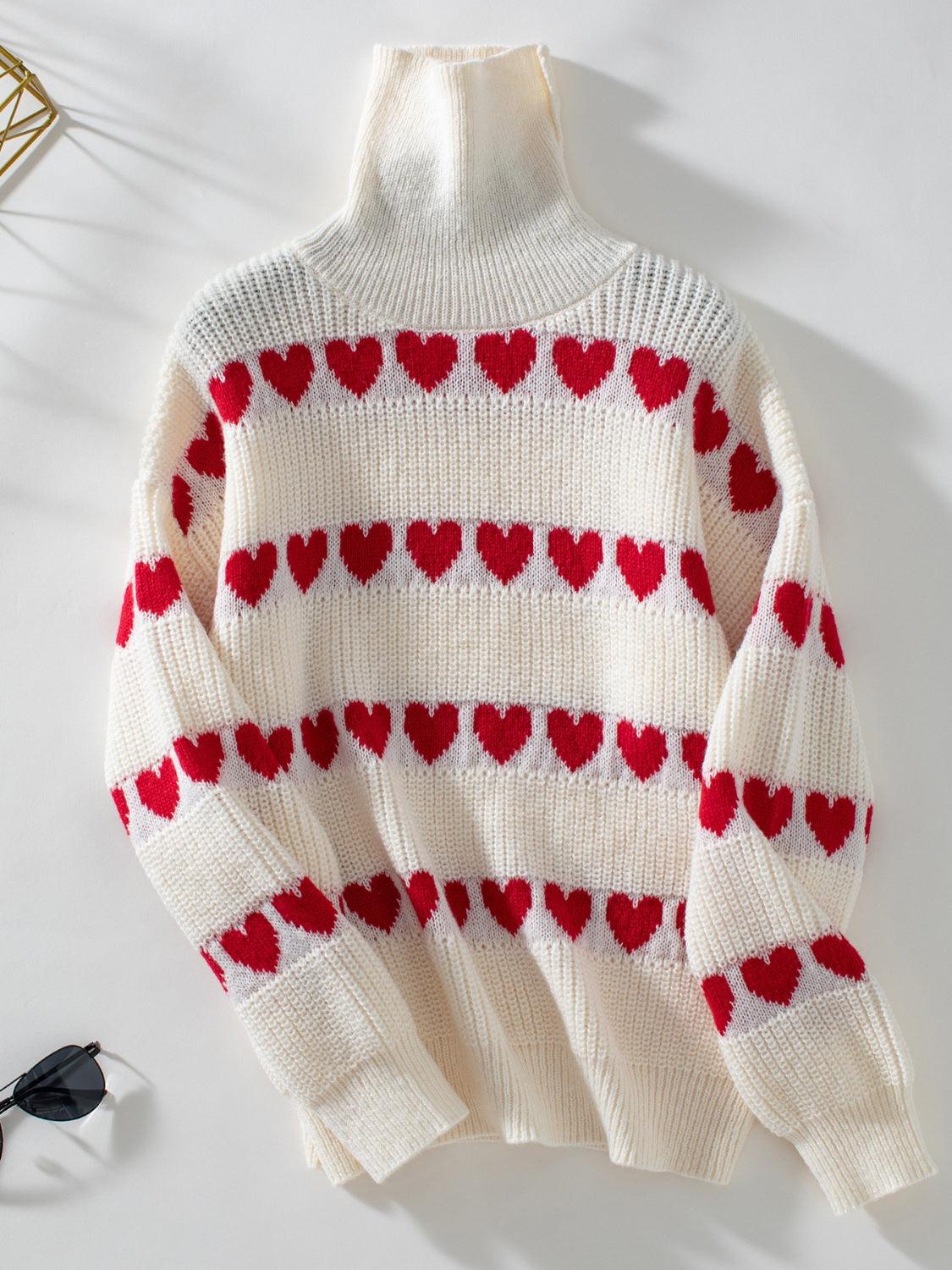 Heart Turtleneck Dropped Shoulder Sweater - Trendy by Luna