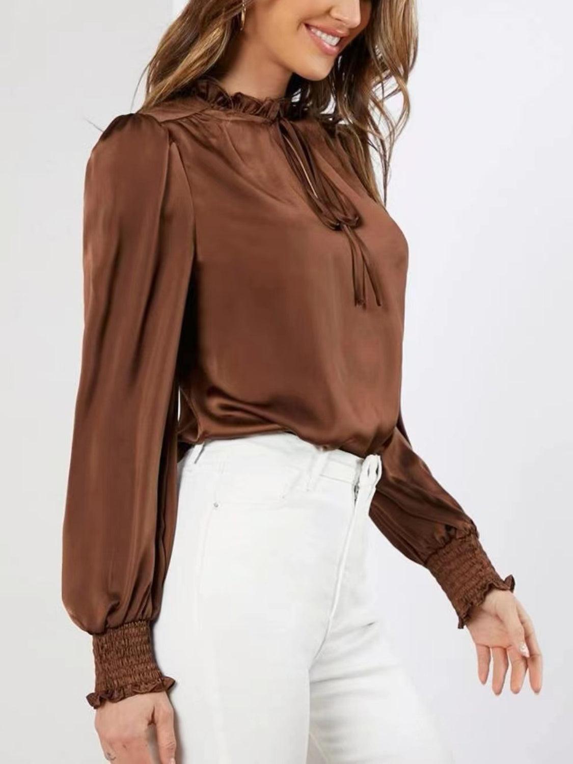 Frill Tied Lantern Sleeve Blouse - Trendy by Luna