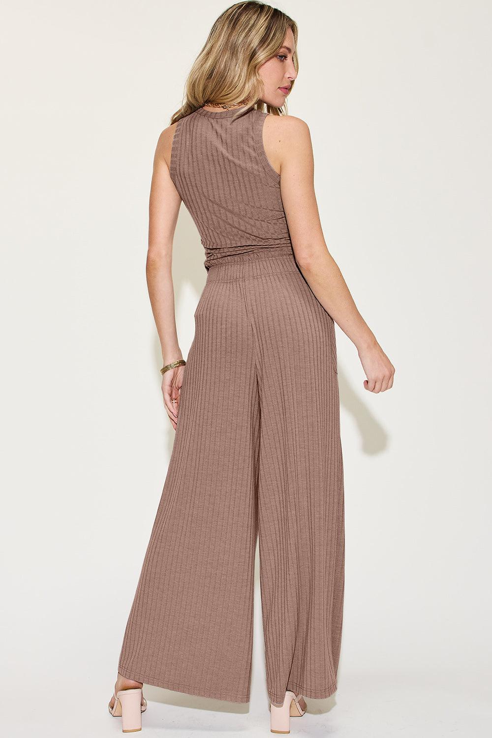 Full Size Ribbed Tank and Wide Leg Pants Set - Trendy by Luna