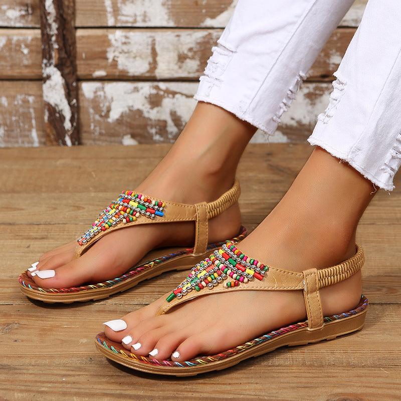 PU Leather Beaded Flat Sandals - Trendy by Luna