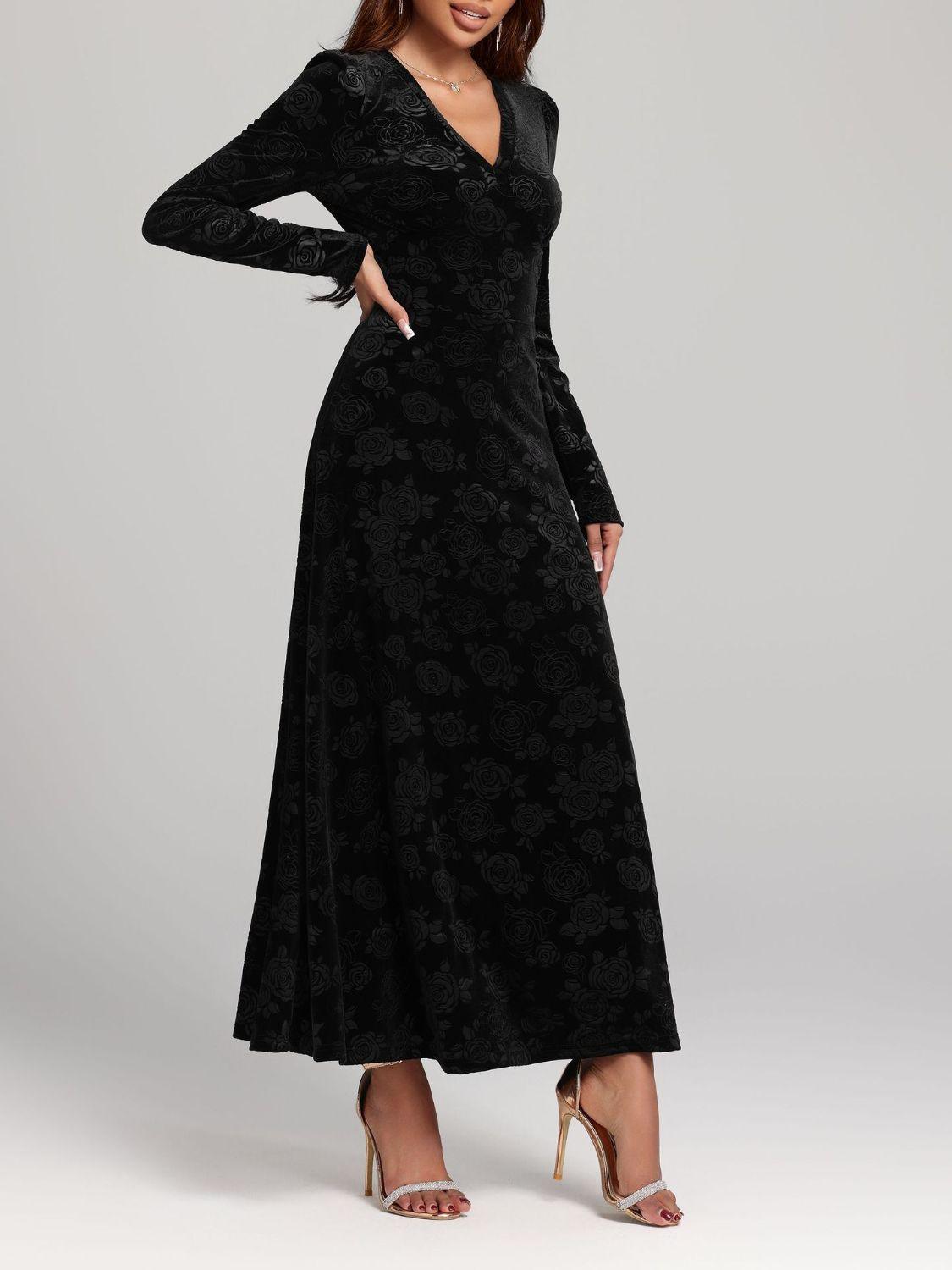 Rose Print V-Neck Long Sleeve Dress - Trendy by Luna