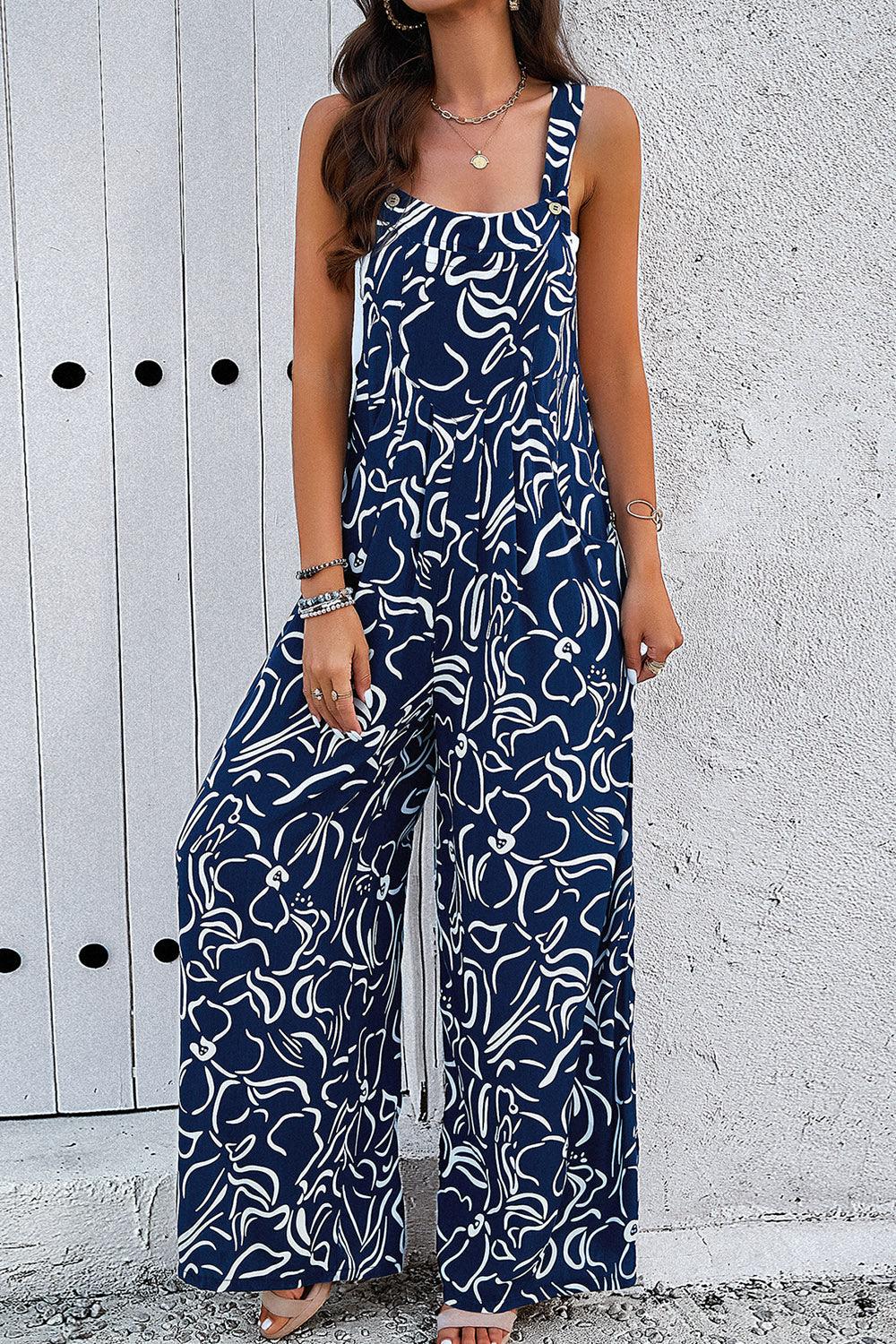 Printed Wide Strap Jumpsuit with Pockets - Trendy by Luna