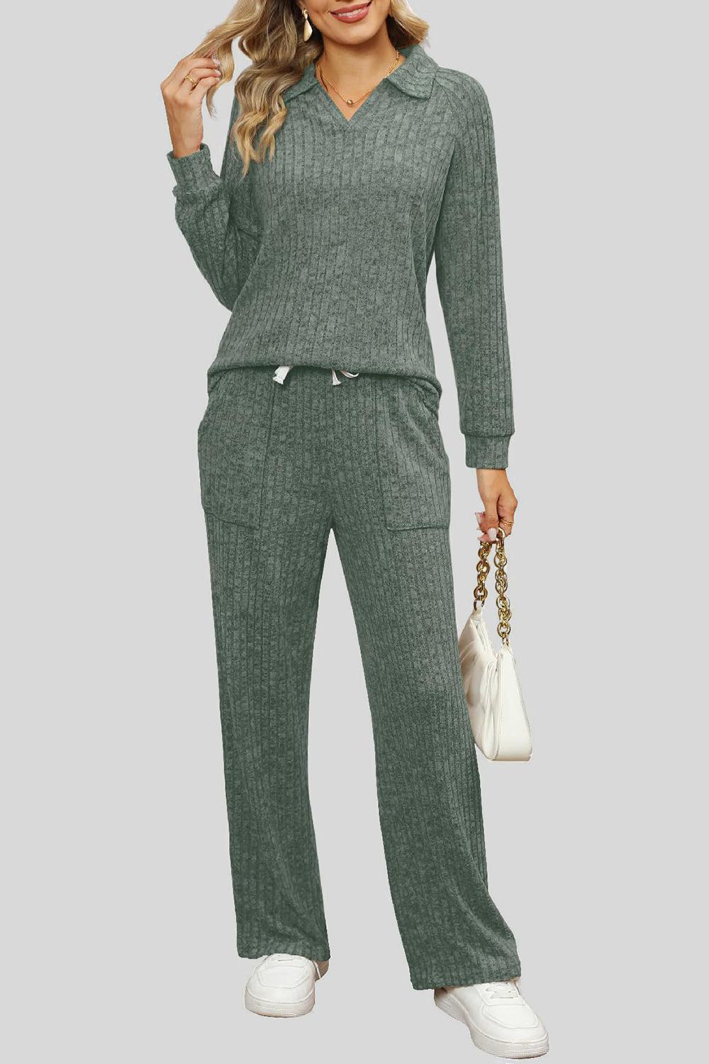 Ribbed Long Sleeve Top and Pocketed Pants Set - Trendy by Luna