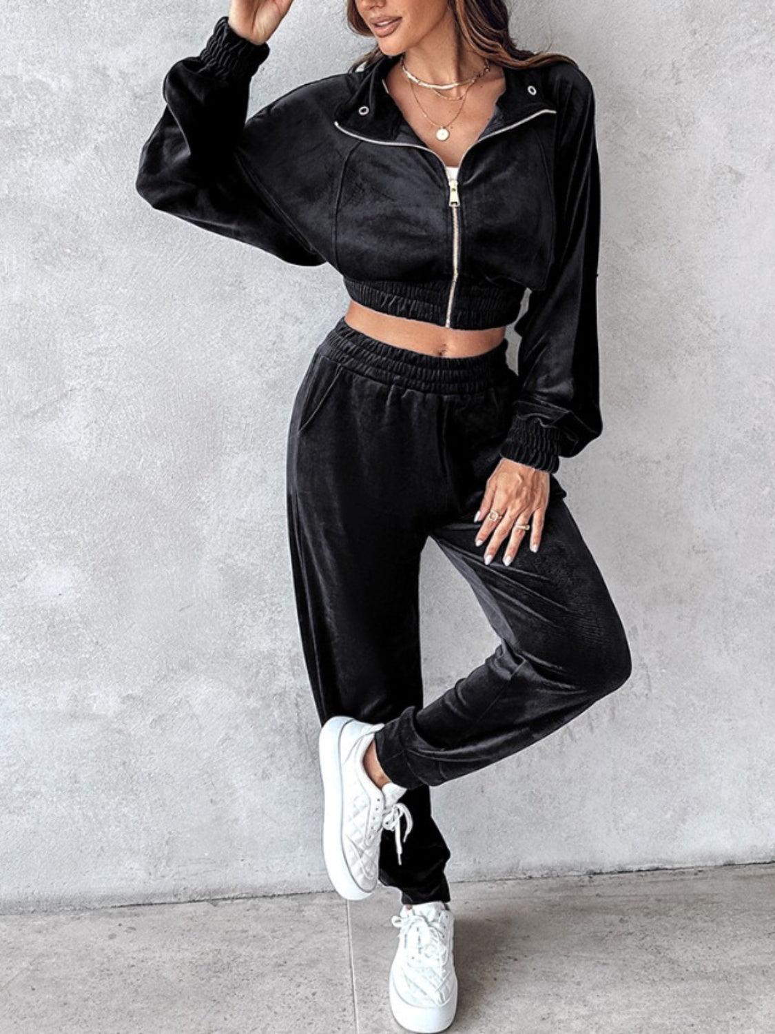 Zip Up Long Sleeve Cropped Top and Joggers Set - Trendy by Luna