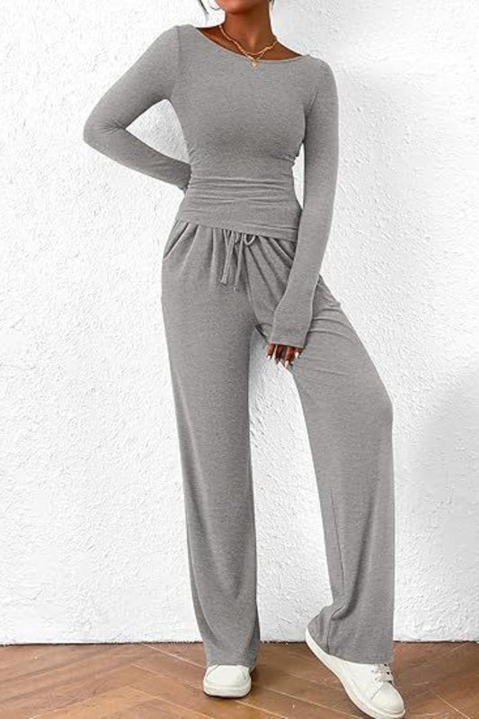 Round Neck Long Sleeve Top and Pants Set - Trendy by Luna