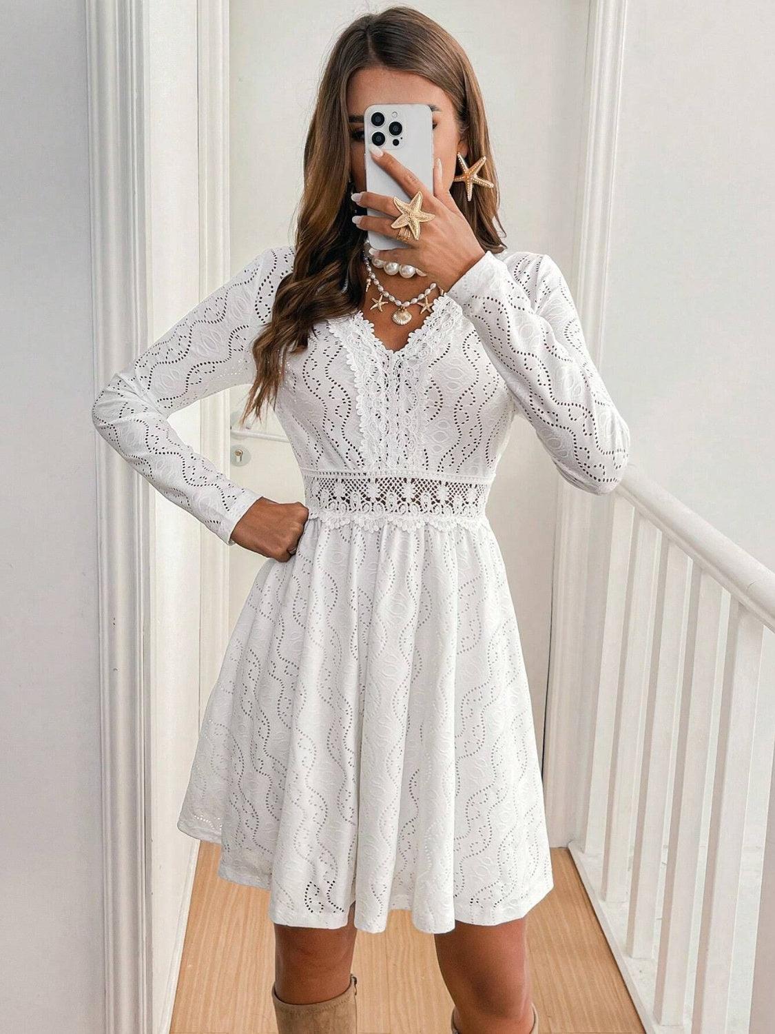 Lace Detail V Neck Long Sleeve Mini Dress - Trendy by Luna