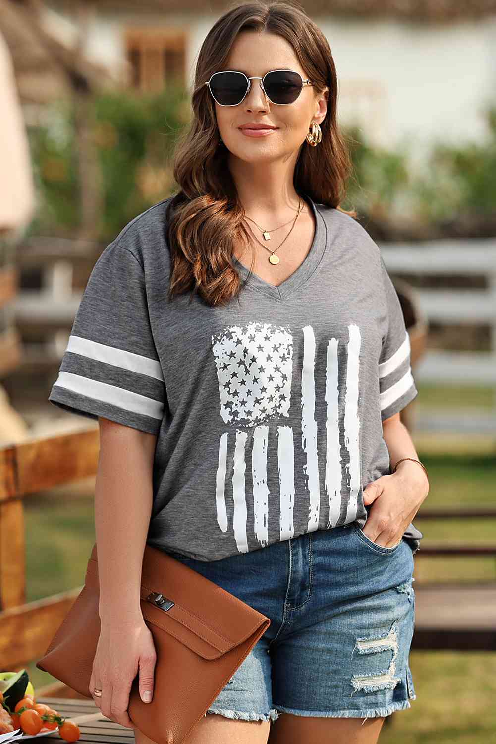 Plus Size US Flag Graphic V-Neck Tee - Trendy by Luna