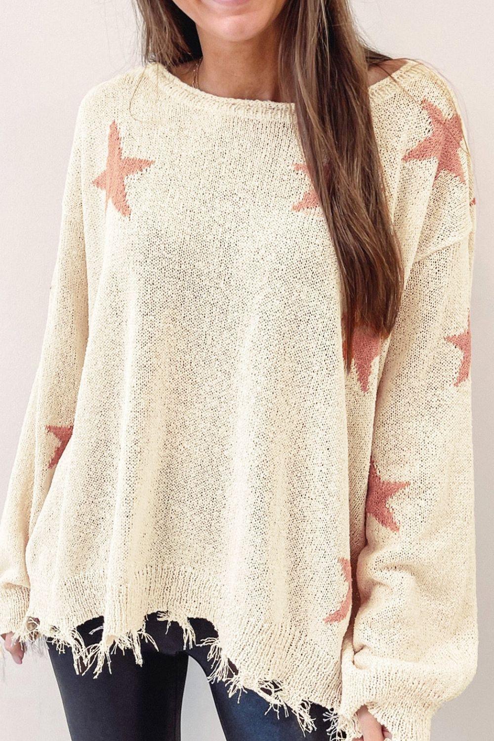 Contrast Star Raw Hem Long Sleeve Knit Top - Trendy by Luna