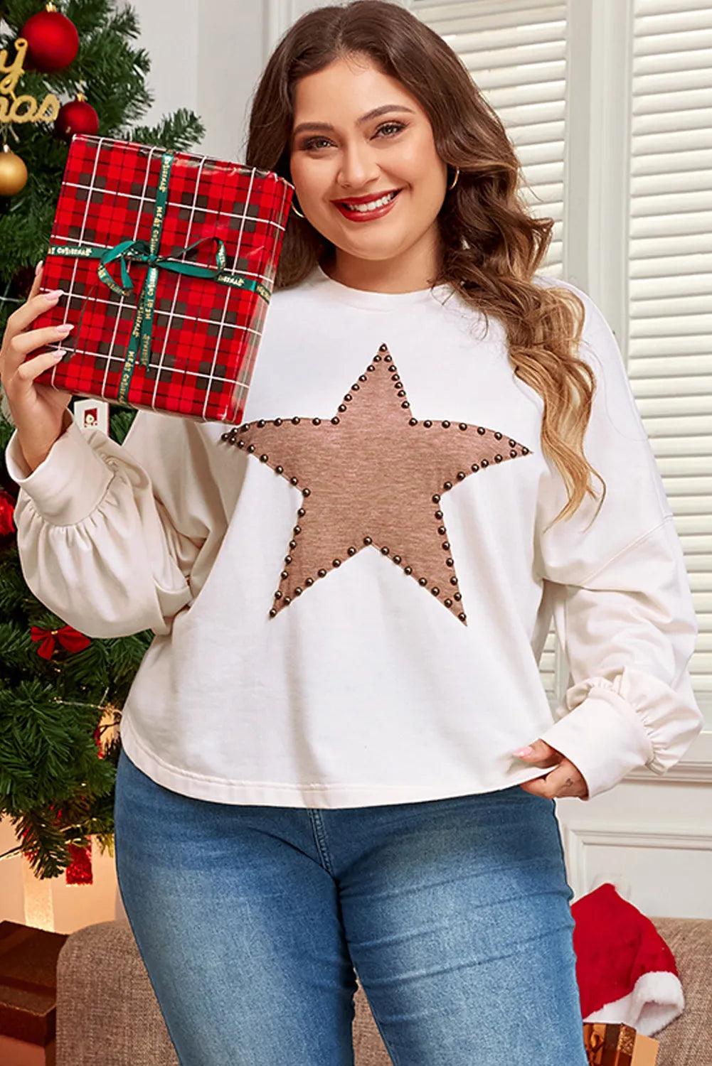 Plus Size Studded Star Round Neck Long Sleeve Blouse - Trendy by Luna