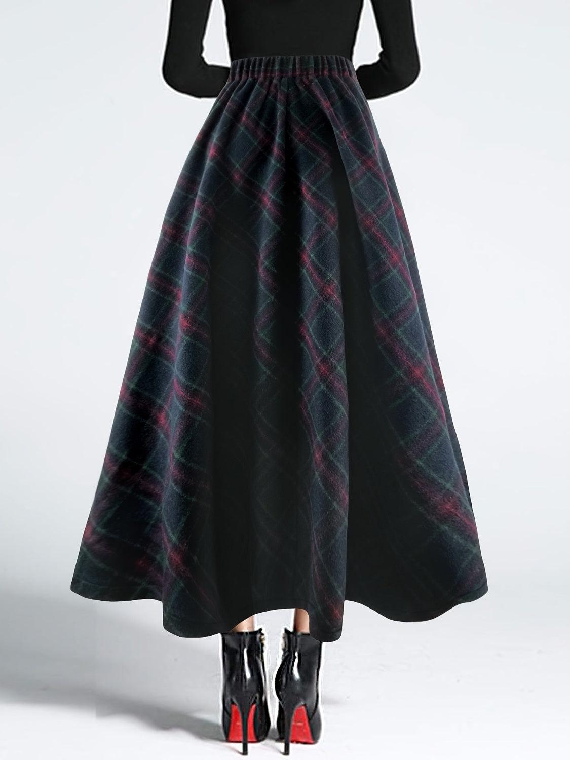 Plaid Elastic Waist Midi Skirt - Trendy by Luna